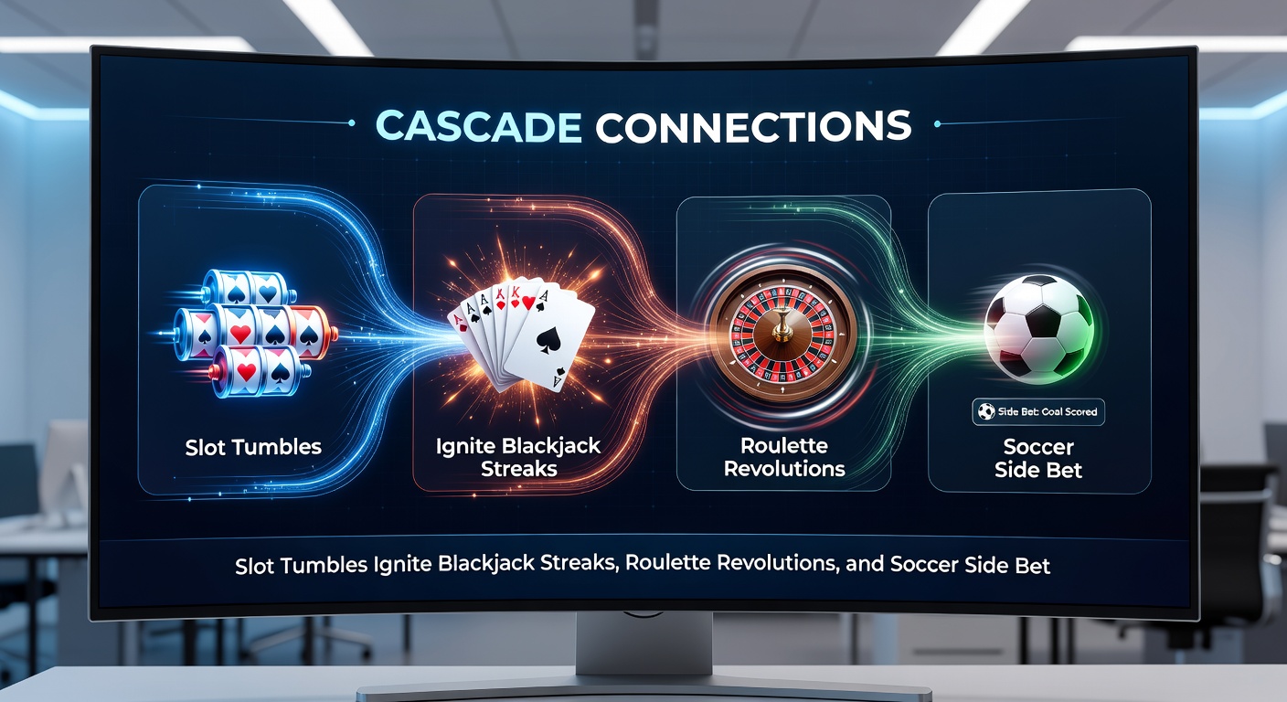 Vibrant scene of a roulette wheel spinning alongside soccer match highlights and slot cascades, representing interconnected betting promotions