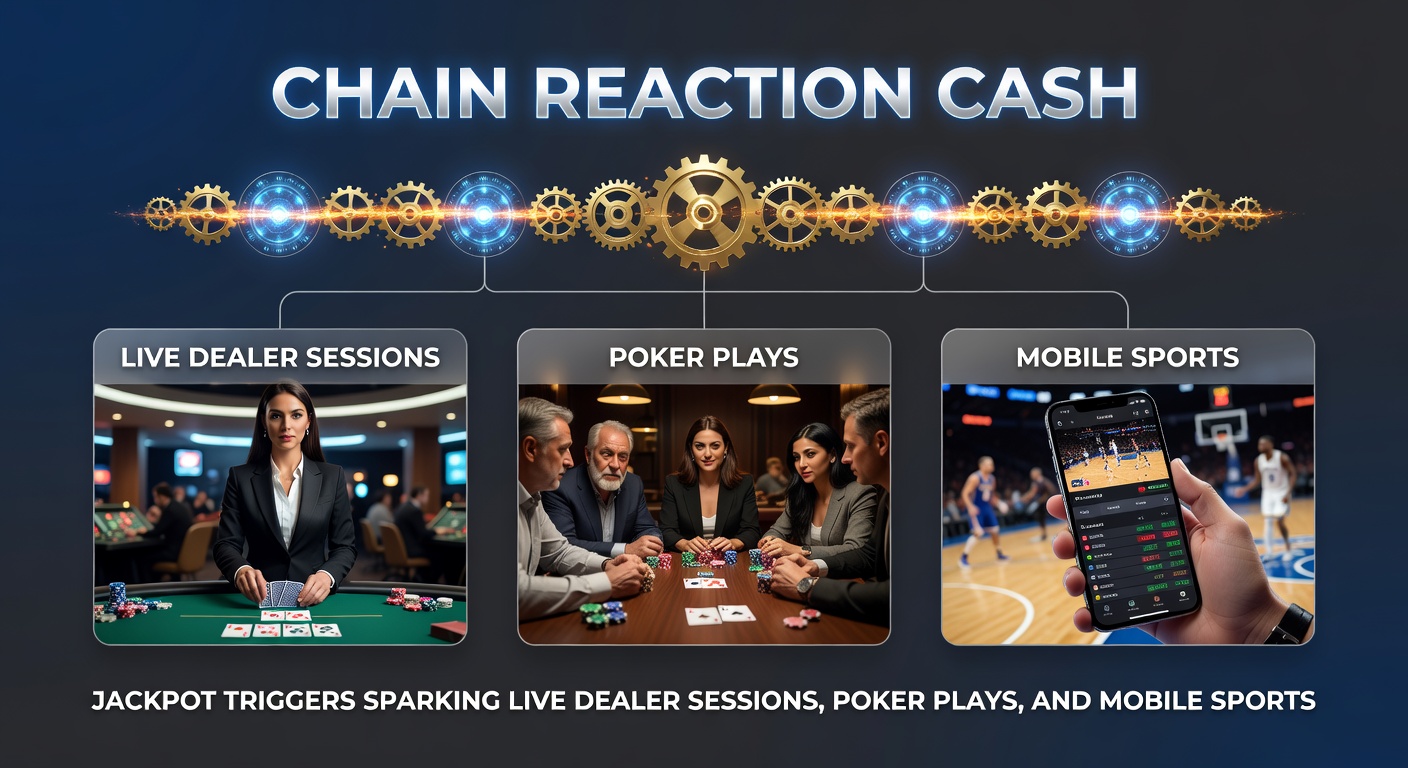 Dynamic graphic of a jackpot chain reaction: slot win arrows pointing to live dealer roulette wheel, poker chips stacking up, and mobile phone displaying sports betting slips