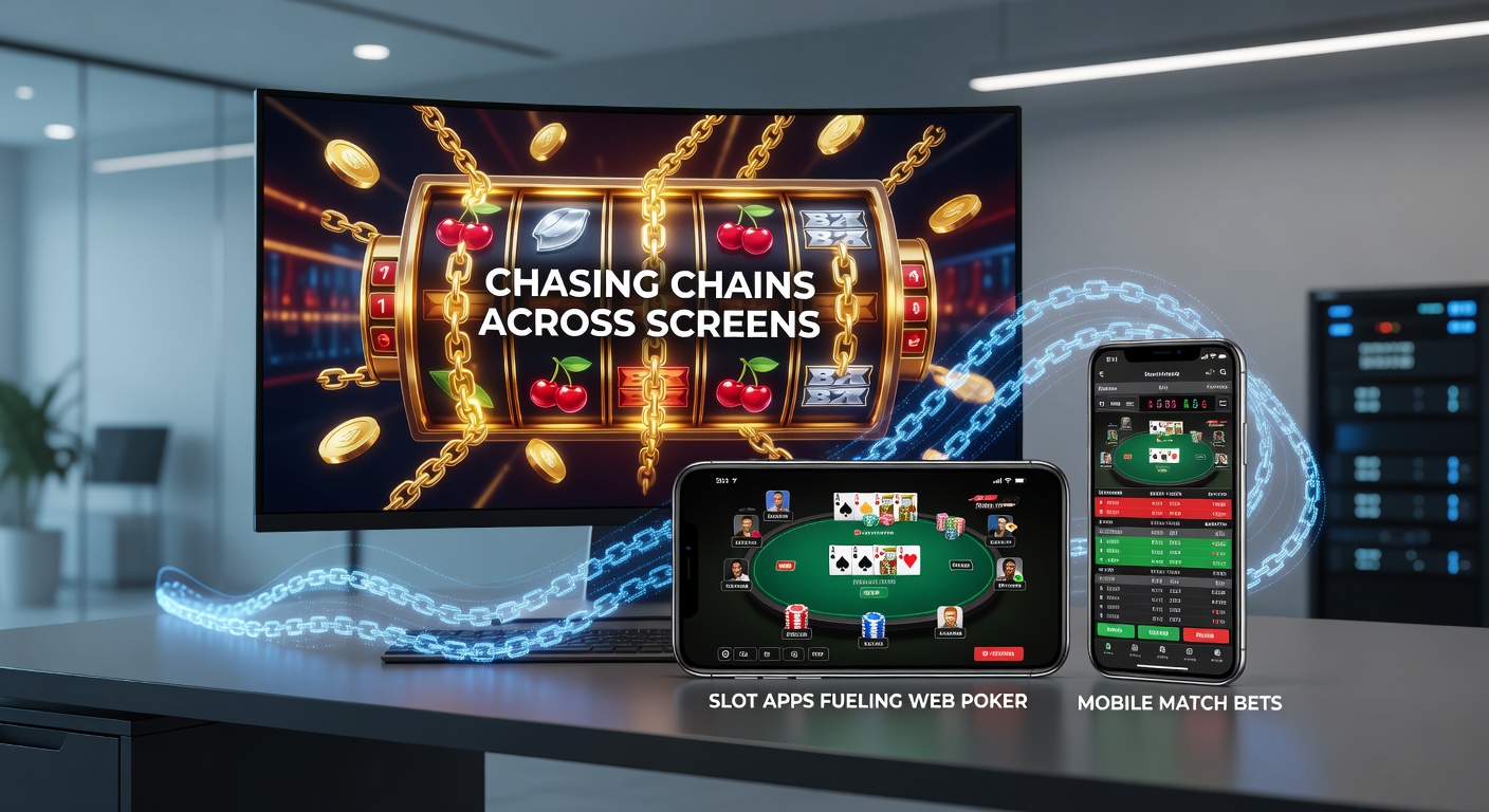 Dynamic infographic depicting bonus flow from slot machine icons to poker cards and football pitch overlays, highlighting chain multipliers and win streaks