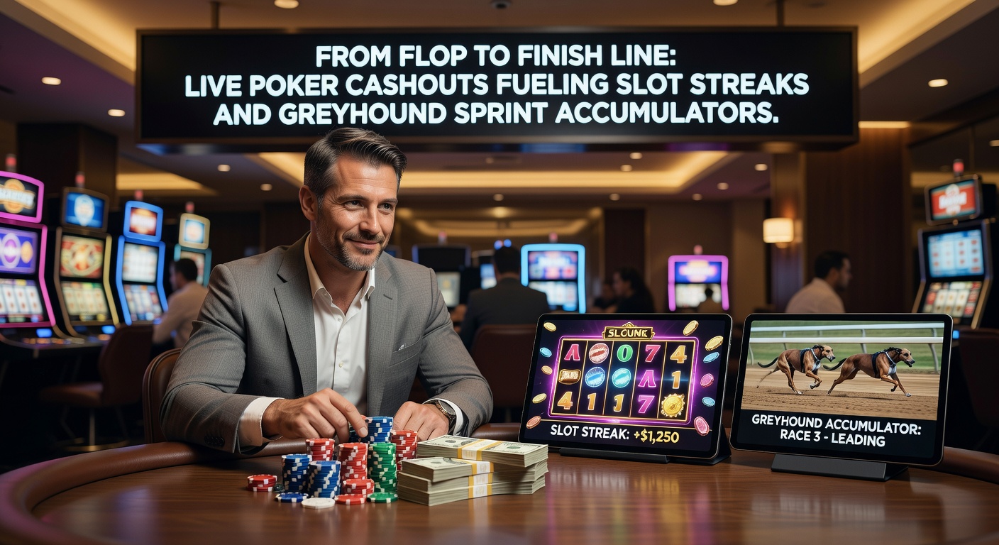 Dynamic scene of slot reels spinning with poker chips nearby and greyhound racers bursting from traps, illustrating cash flow between games