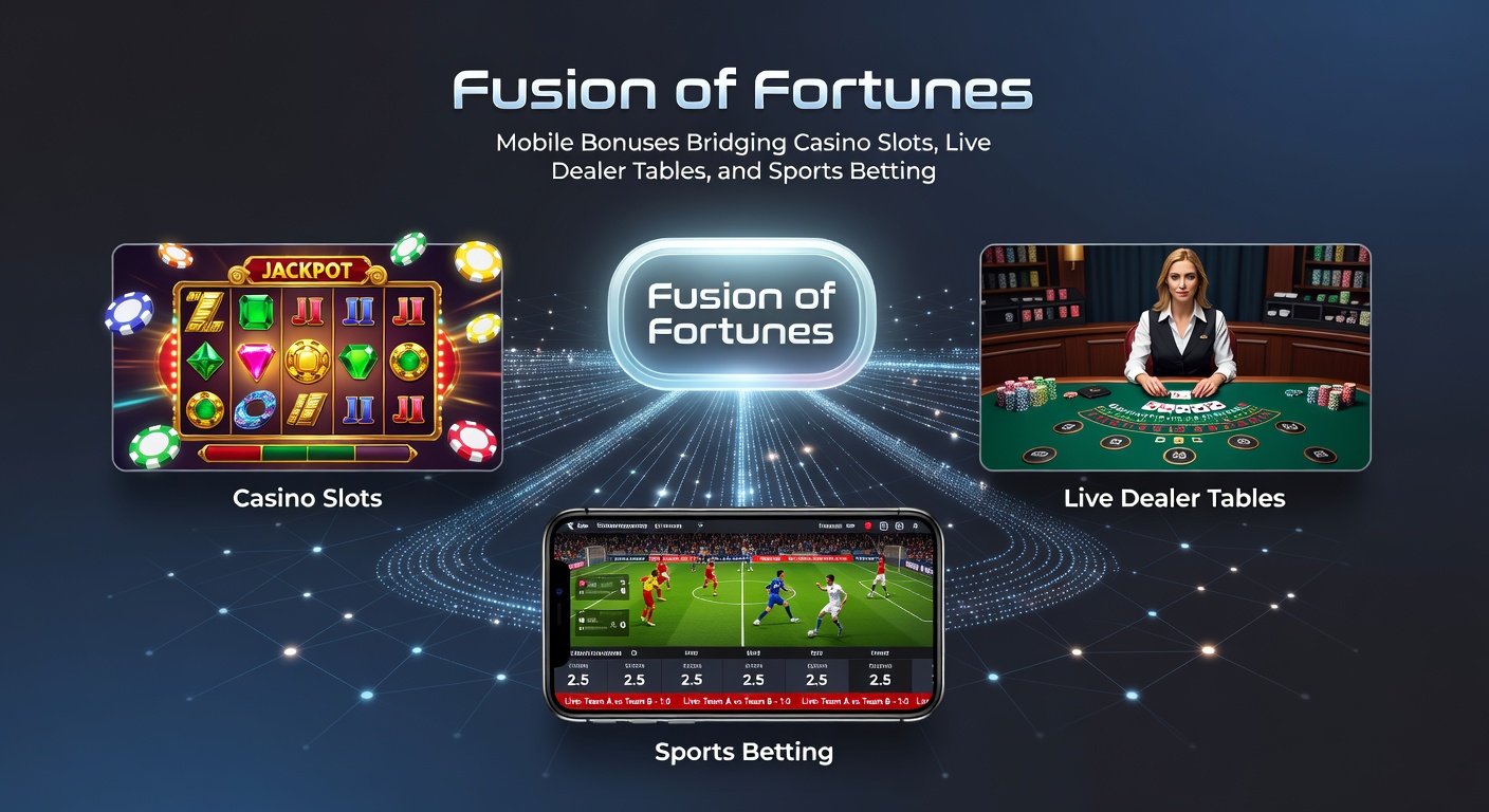 Dynamic graphic of a mobile app interface where a live dealer win morphs into slot free spins and a sports bet slip, with bonus multipliers exploding across the screen