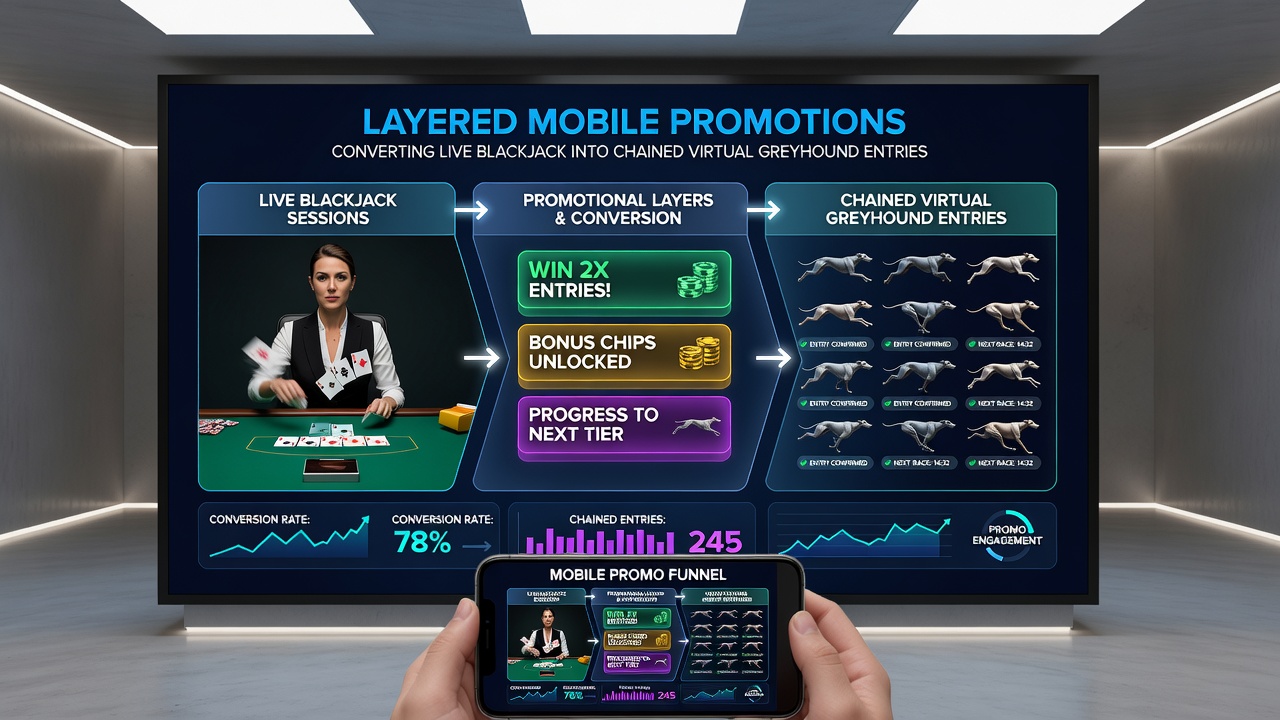 Split-screen view of live blackjack hand, virtual greyhound accumulator ticket, and progressive slot reel interface on a smartphone
