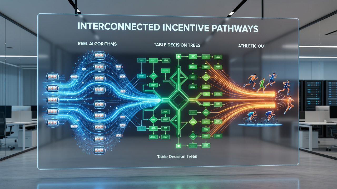 Diagram illustrating data flow from athletic outcome chains back into reel algorithms and table decision trees within a mobile interface