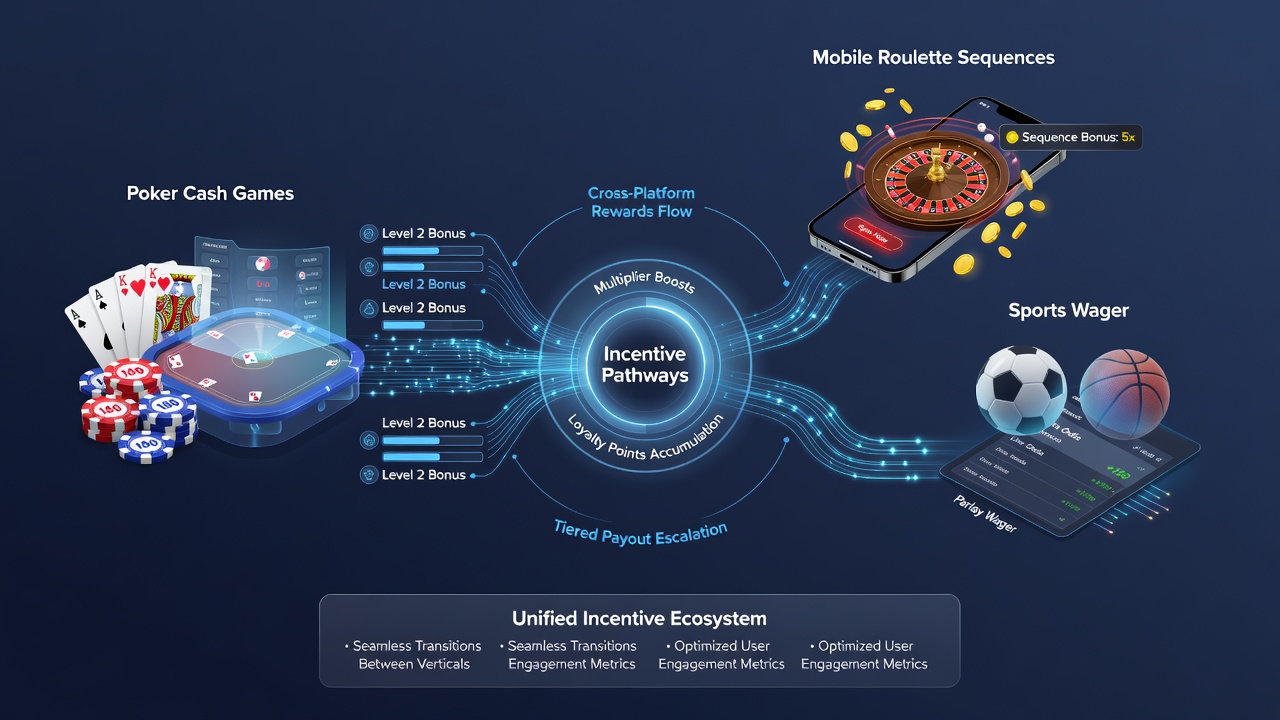 Illustration of mobile interface displaying connected bonus layers between poker sessions, roulette sequences, and sports accumulator wagers