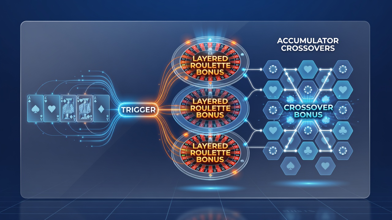 Diagram illustrating how poker sequences feed into roulette bonus layers and accumulator crossovers on mobile platforms