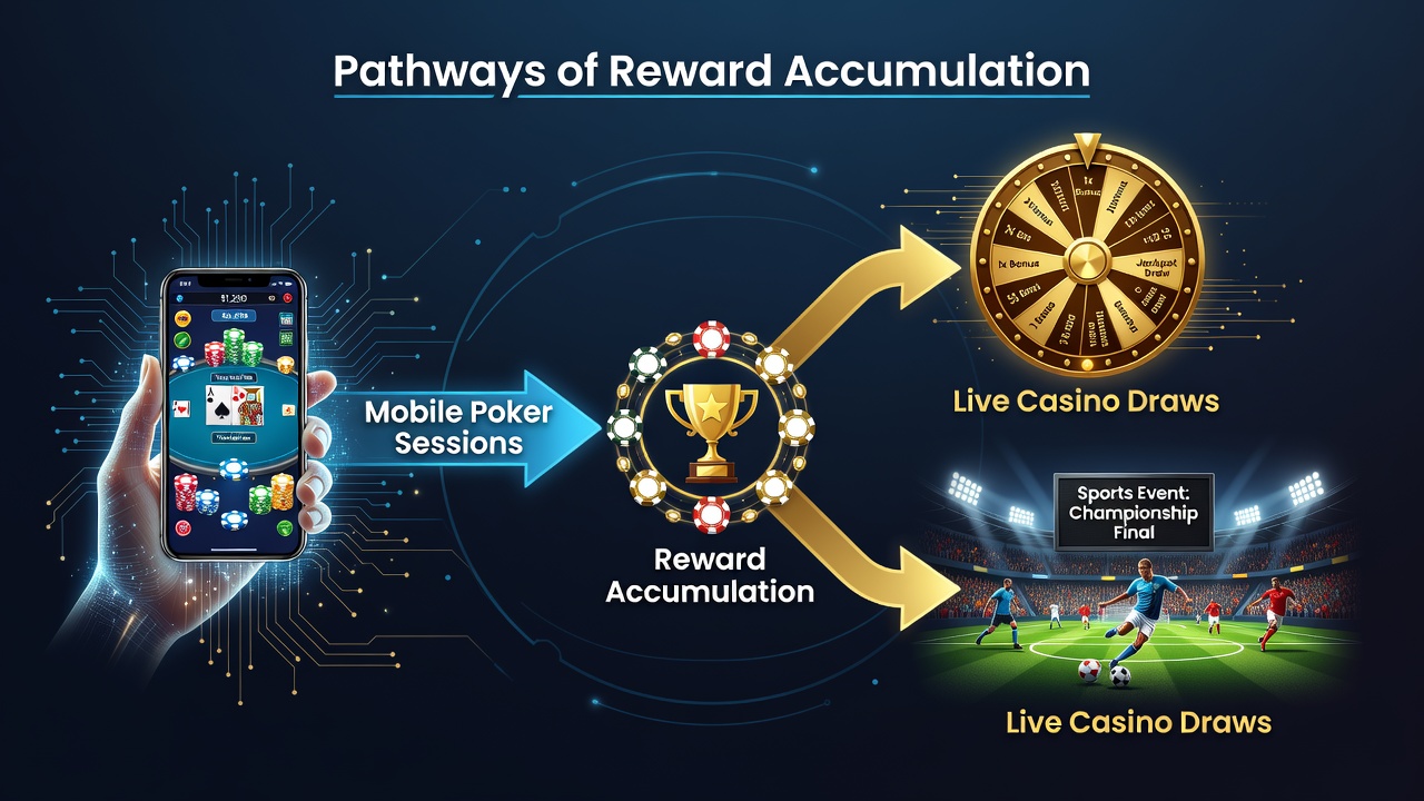 Diagram illustrating reward point flow from mobile poker through live casino draws into sports event odds adjustments