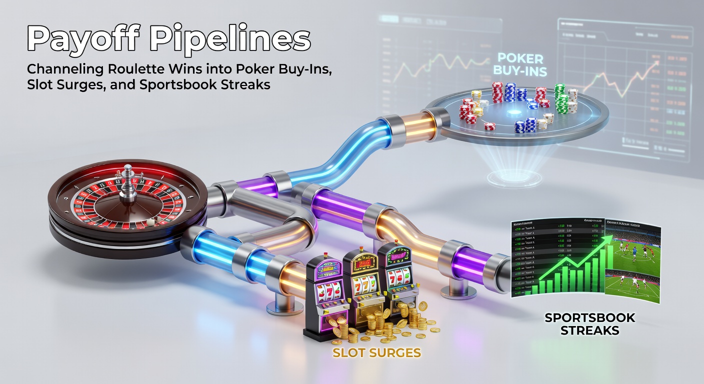 Digital graphic illustrating payoff pipelines with arrows from roulette to poker chips, slot reels, and sportsbook tickets, showing bonus multipliers and win streaks