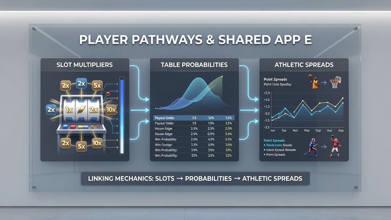 Mobile screen displaying interconnected slot, table, and sports betting modules with probability pathways highlighted