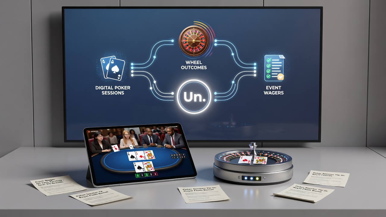 User navigating between poker hand, roulette outcome, and live sports bet within one mobile application