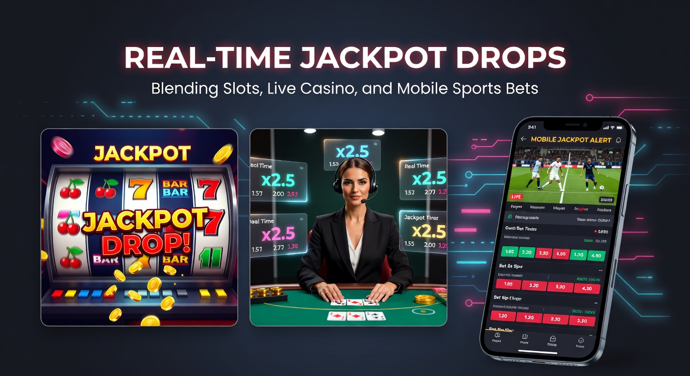 Screenshot of a mobile app interface displaying a real-time jackpot drop notification overlaying live sports odds, slot reels, and a live blackjack table, with prize amounts exploding in golden animations