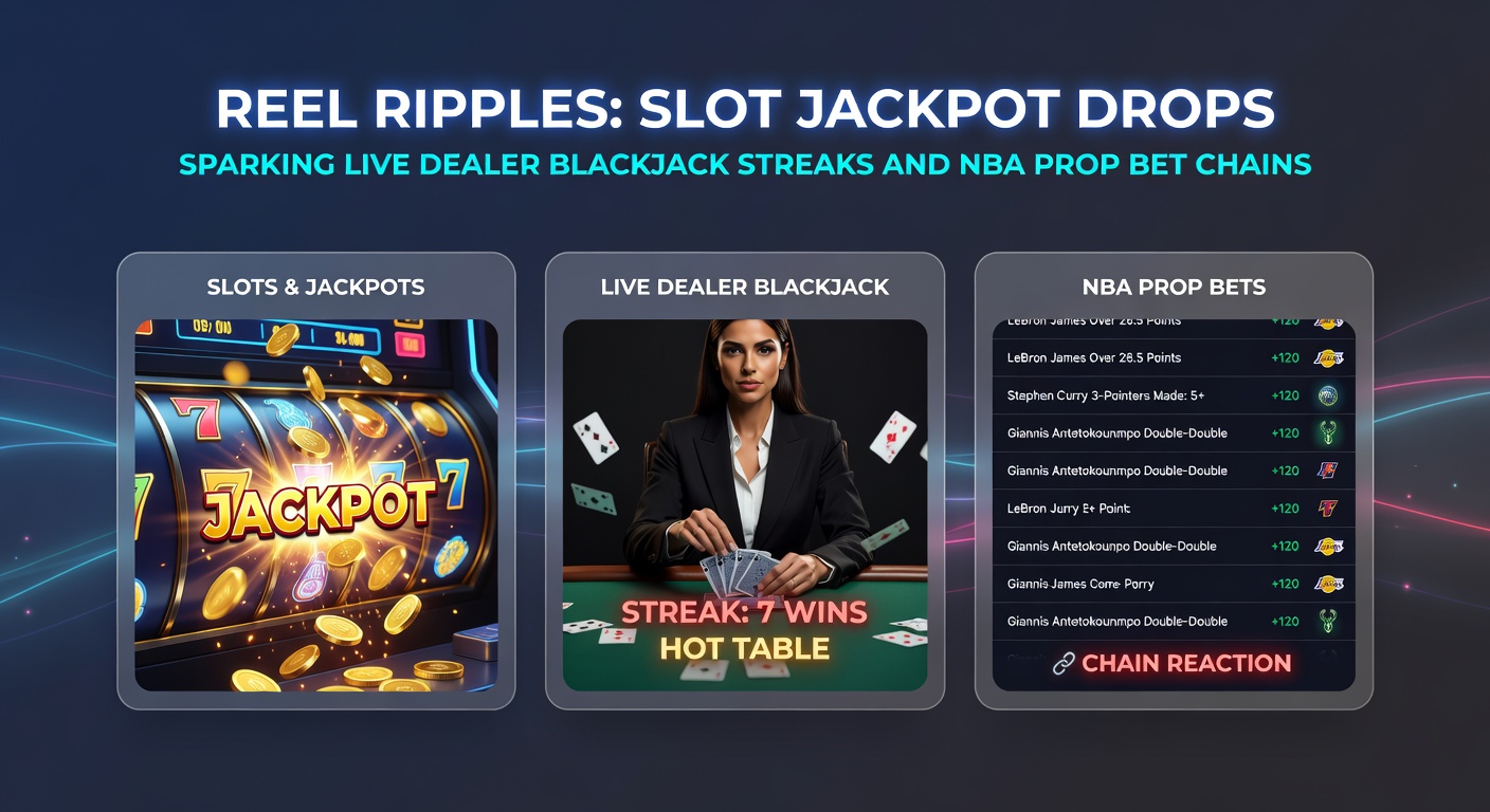 Dynamic split-screen showing slot reels aligning for jackpot, live blackjack dealer dealing cards, and NBA player dunking with prop bet overlays