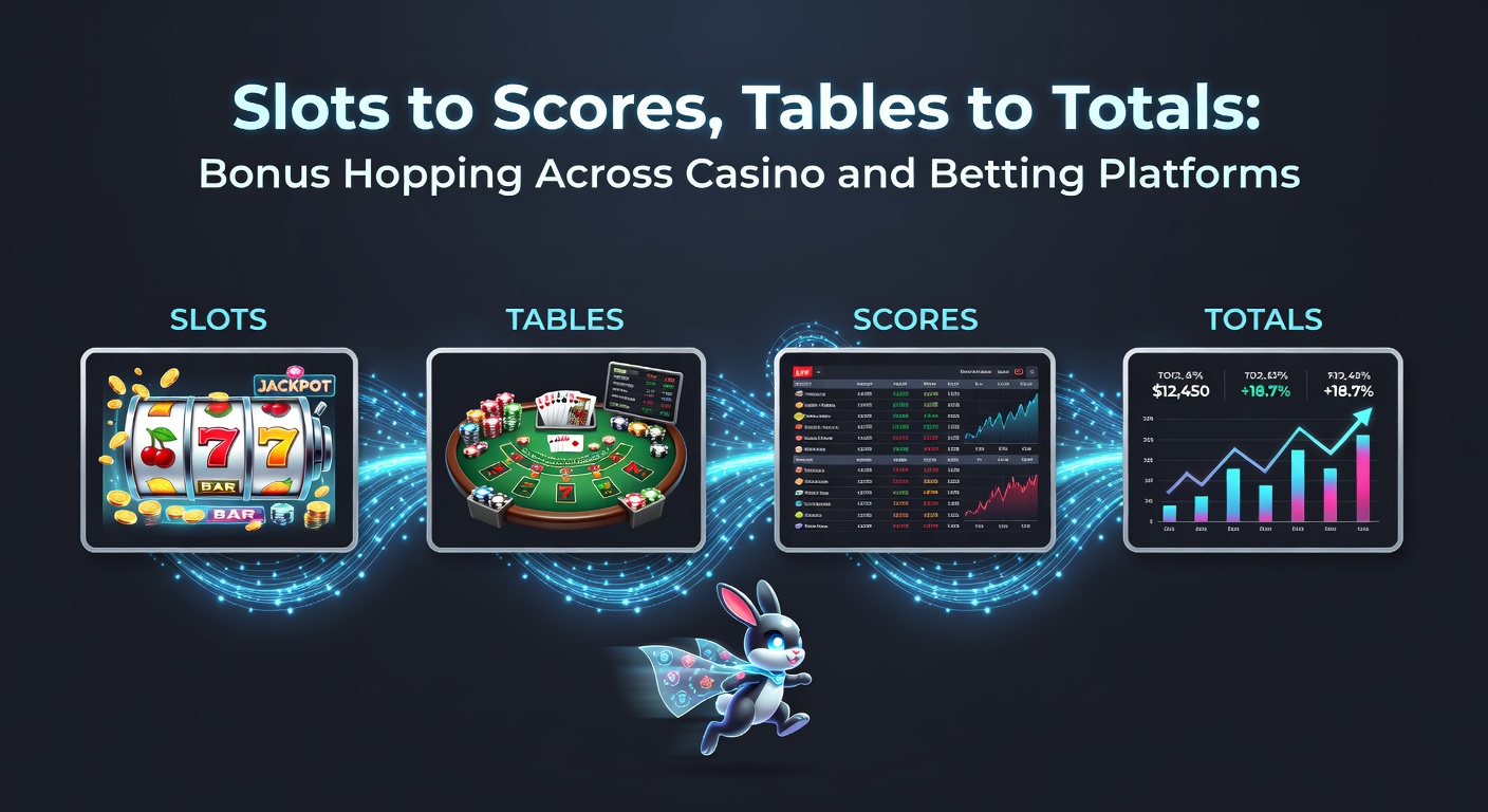 Dynamic split-screen graphic illustrating bonus flows from slot reels to soccer goal celebrations and blackjack tables to betting totals charts
