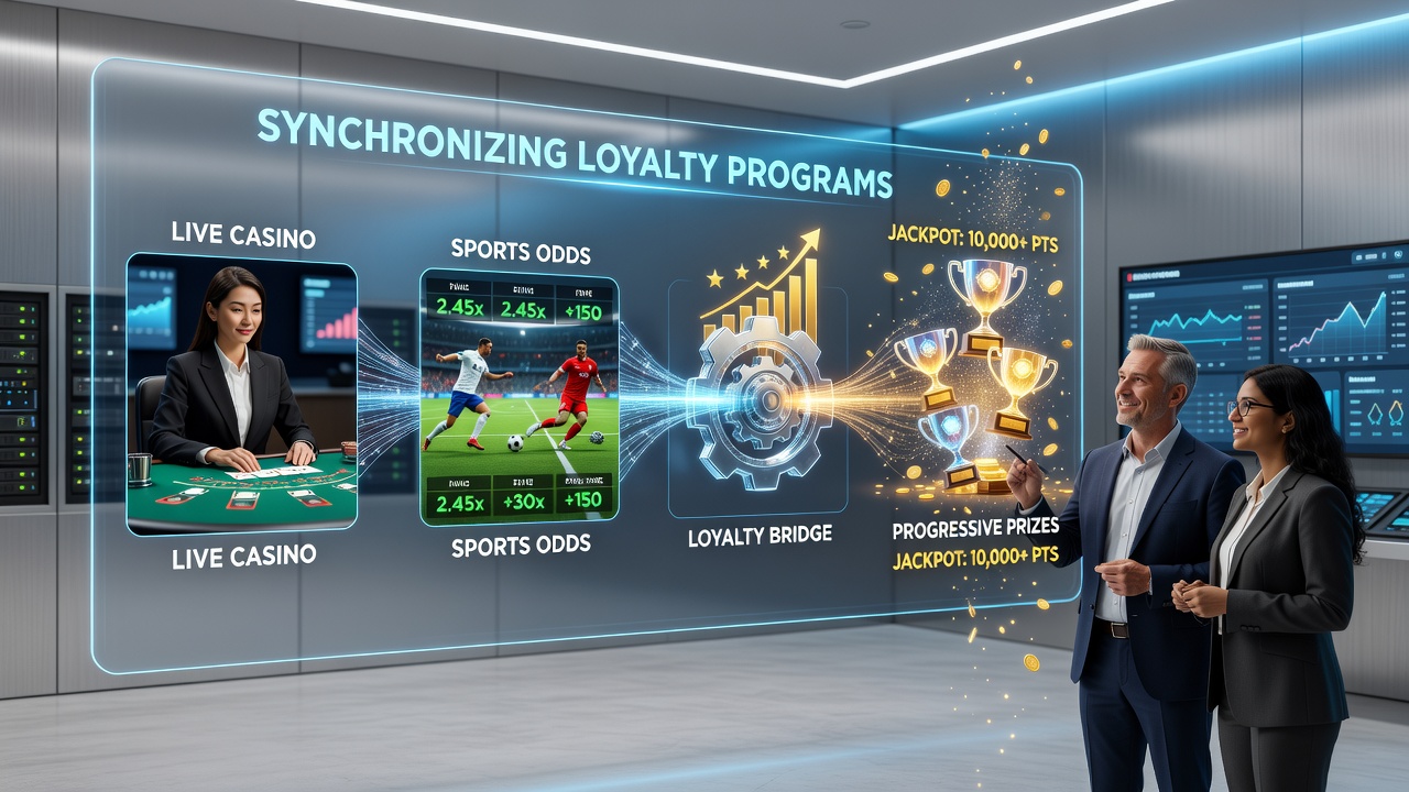 Screenshot of a mobile app interface displaying unified loyalty points, live casino history, sports bet history, and current progressive jackpot totals