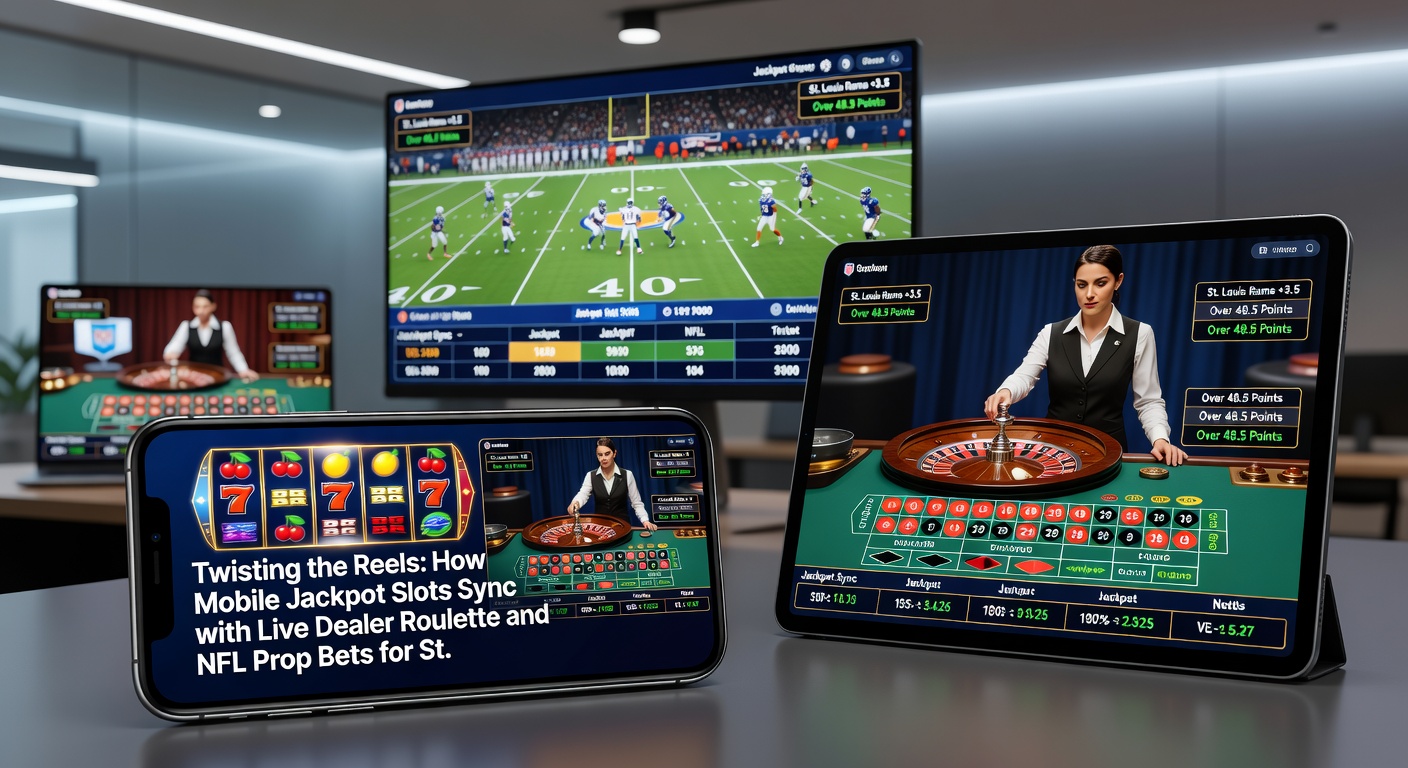Live dealer spinning a roulette wheel on a mobile device, with overlaid graphics showing linked jackpot slot prizes and NFL prop bet payouts